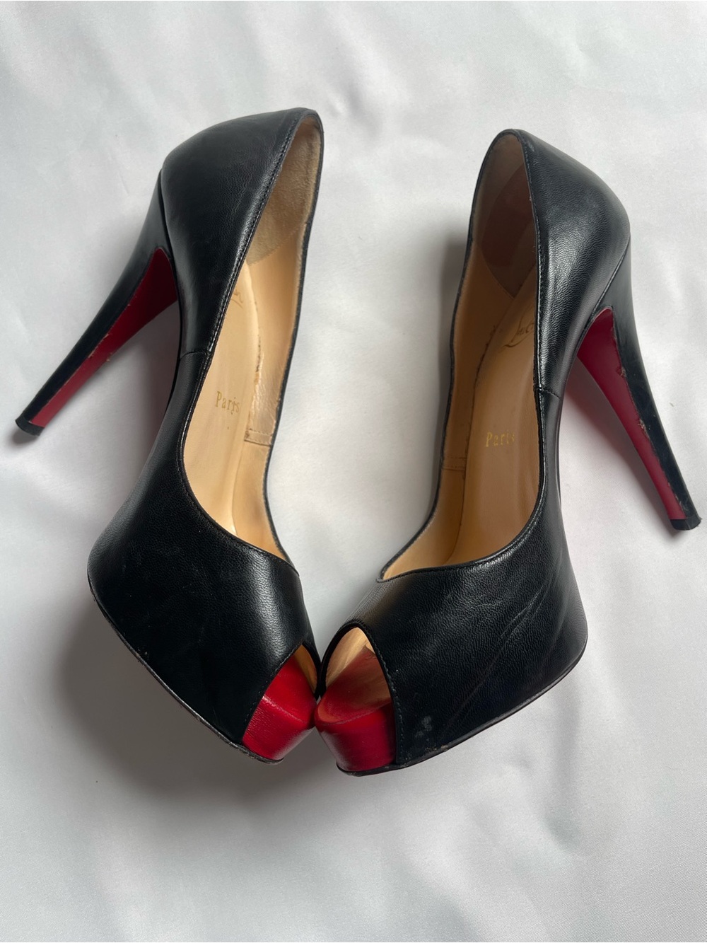 Christian Louboutin Black Leather Peep-Toe Pumps with Red Soles